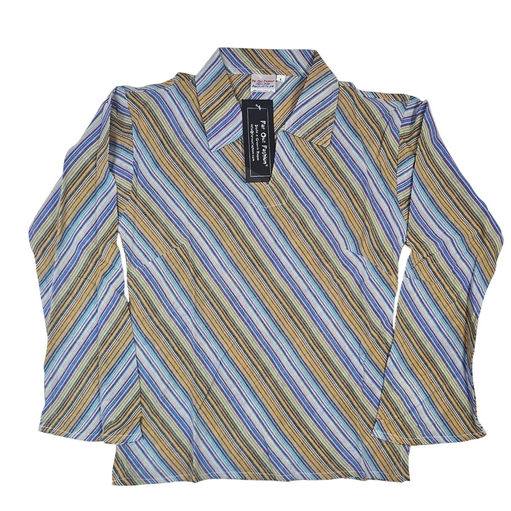 Far Out Fashion Striped Long Sleeve Polo Shirt Blue Gold Purple Size‎ L NWT